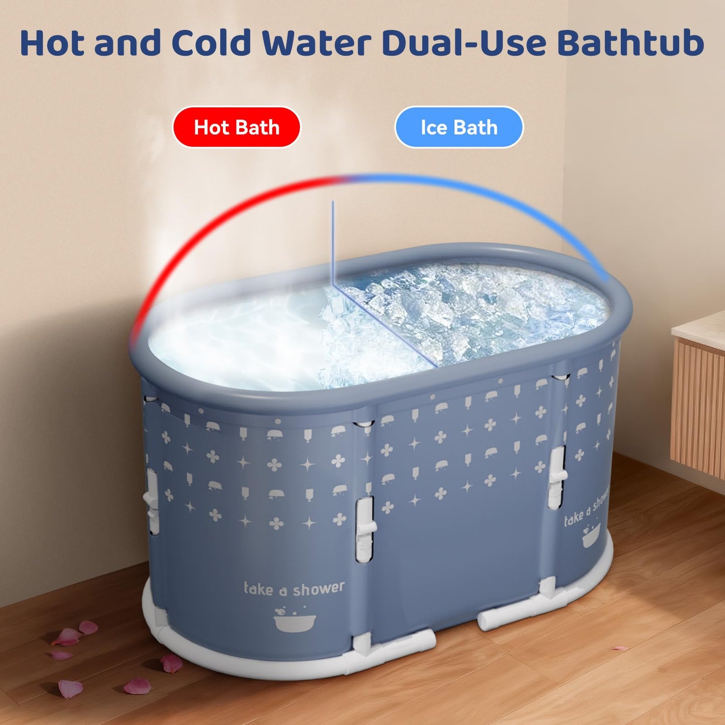 HLCZLUZ Portable Bathtub, Foldable Bathtub No Installation, Freestanding Shower Bathtubs with Cushion, Collapsible SPA Soaking Bath Tub, Hot & Ice Bath Tub for Indoor Outdoor (White Brown Stripes)