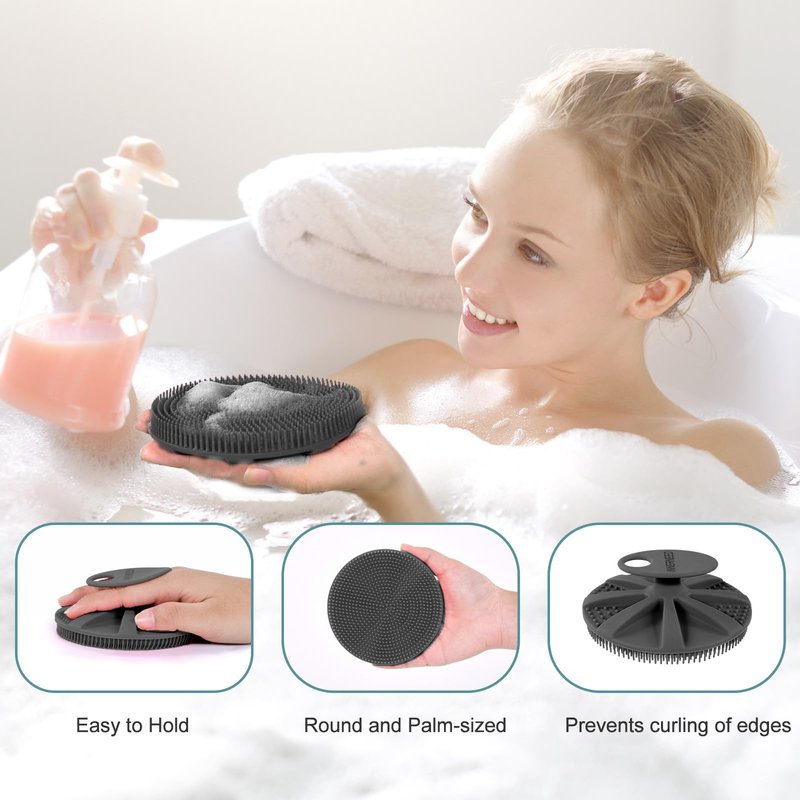 INNERNEED Food-Grade Soft Silicone Body Scrubber Shower Brush Handheld Cleansing Skin Brush, Gentle Exfoliating and Lather Well (Black+Gray)