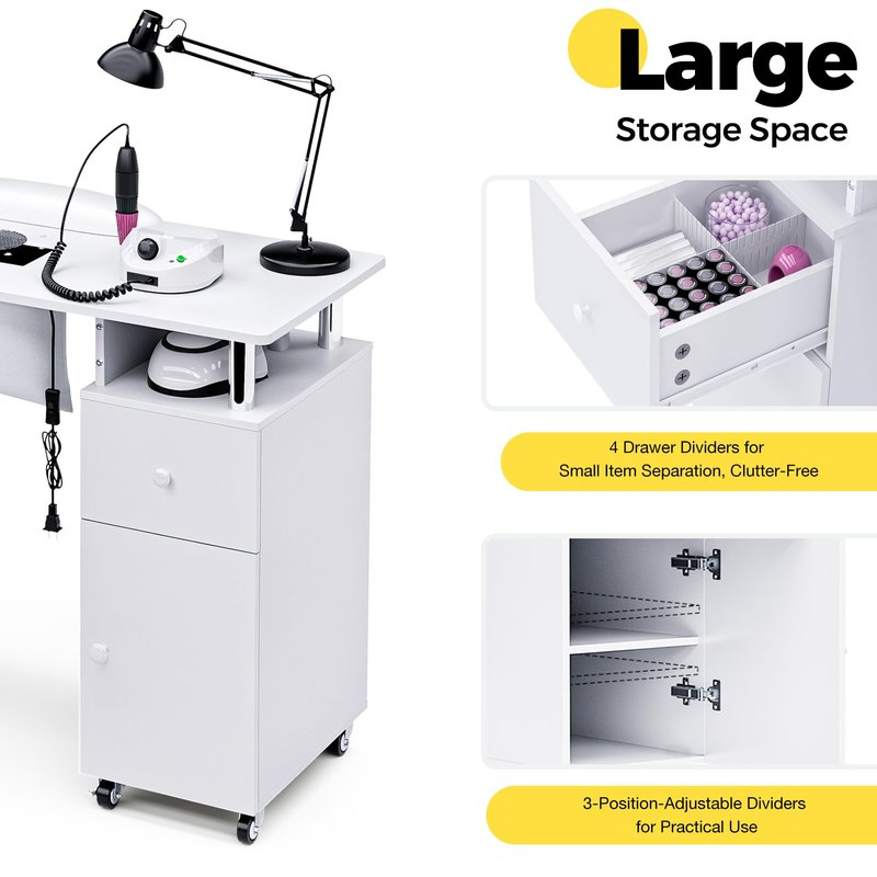 HolaiNail Manicure Table Nail Desk for Nail Tech, Acetone Resistant Beauty Salon Station with Dust Collector, Wrist Pad, Lockable Wheels, Drawer & Cabinet, White