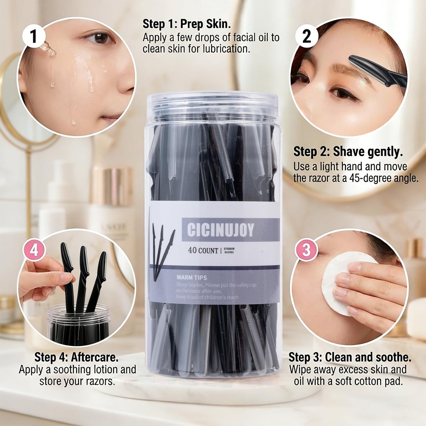 40pcs Dermaplaning Tool for Women, Newbie Friendly Facial Hair Removal, Face Eyebrow Razors and Shaver with Protective Covers for Peach Fuzz Remover(Black)