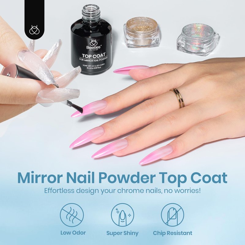 Beetles Gel Top Coat for Chrome Nail Powder: 15ml Mirror Shiny Chrome No Wipe Gloss Top coat Long Lasting Soak Off Nail Lamp for Nail Art Creation Gift
