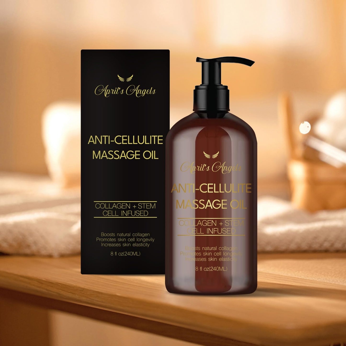 April's Angels Anti-Cellulite Massage Oil with Collagen & Stem Cell Infused. Skin Elasticity, Firmness, Deep Hydration. 8 fl oz