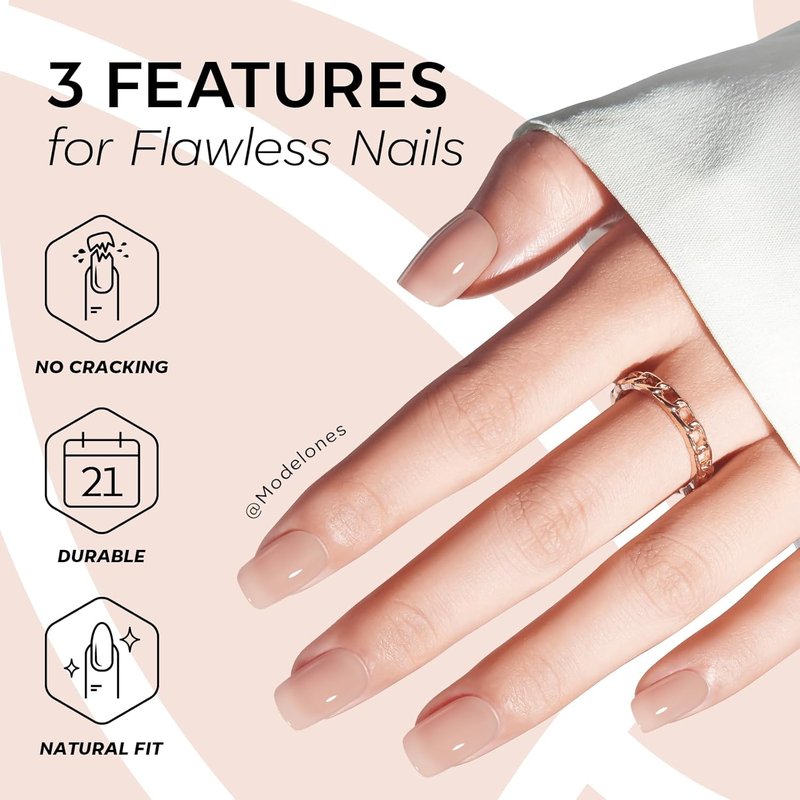 Modelones Nude Press-On Nails - Short Square Jelly Fake Nails | Reusable 32 Pcs Nail Kit with Glue & File