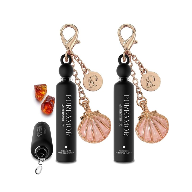 Pheromone Perfume for Women - Amber Noir Keychain Set | Bold Gourmand Scent with Coffee, Vanilla & Jasmine, 0.07 oz Each