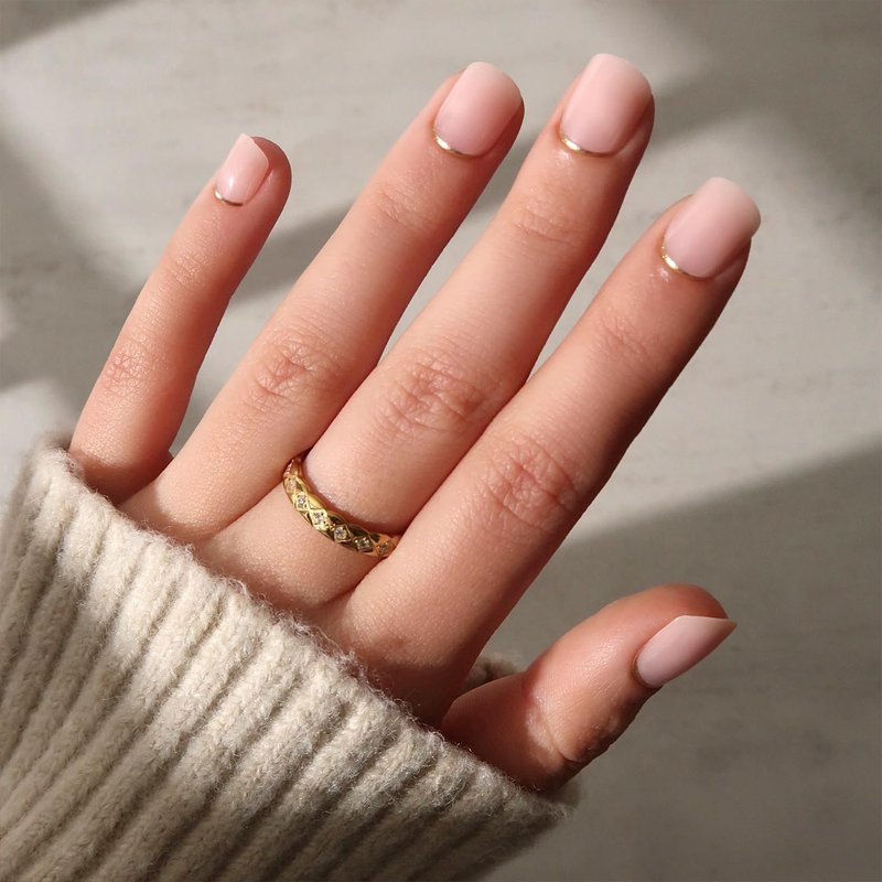 Glamnetic Press On Nails - Super Short Round Fake Nails, Nude Neutral Nails with Gold Reverse French Tip, Quiet Luxury | 12 Sizes - 30 Nail Kit with Glue