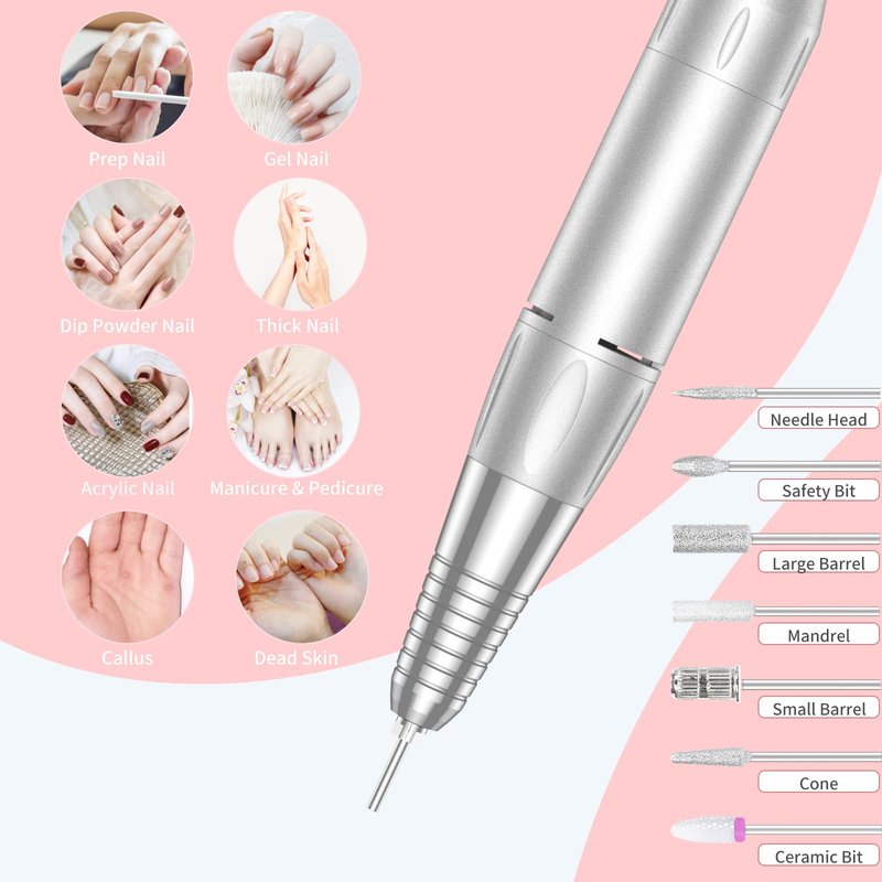 MOCOWIND Portable Nail Drill Professional 35000 RPM, Rechargeable Electric Nail File Machine Cordless E-File for Acrylic Gel Polishing Removing with Bits Kit for Manicure Salon Home, Pink