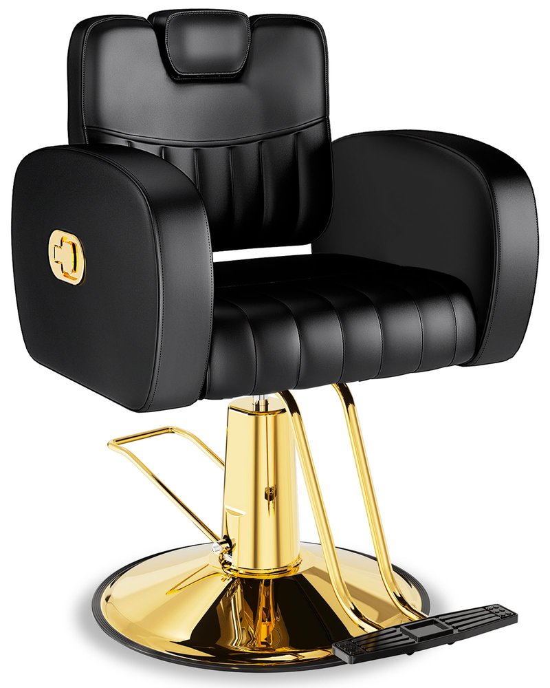 Baasha Black & Gold Reclining Salon Chair - All Purpose Hydraulic Barber Chair with Removable Headrest - Comfortable Styling Chair for Makeup, Lash, Tattoo, Braiding & Shaving, 440 lbs Cap.