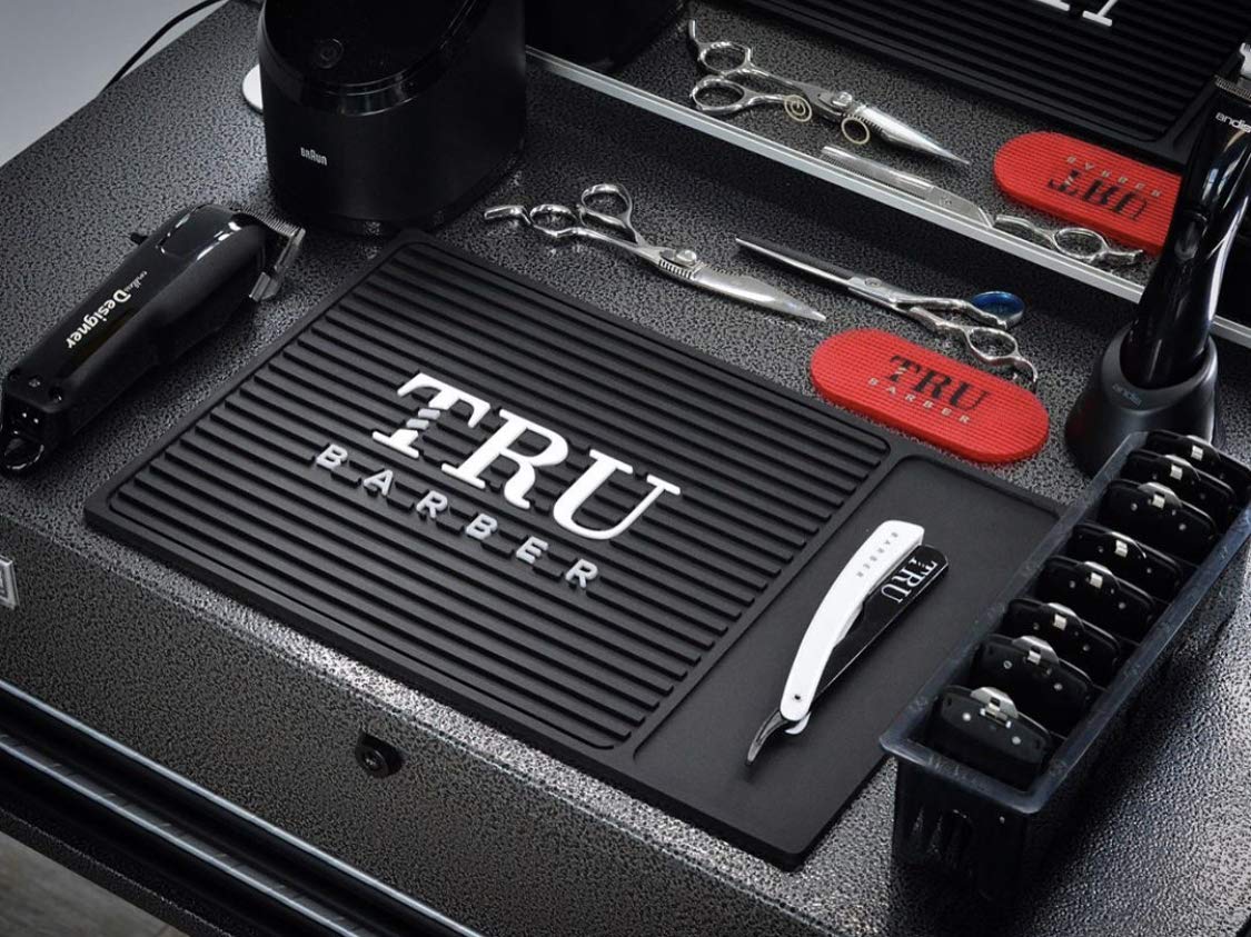 TRU BARBER ORGANIZER MAT 14”X 9” (BLACK/WHITE) Flexible PVC Station Mat, Salon and Barbershop work Station pads, Beauty salon tools hairstylist, Counter mat for clippers, Anti slip