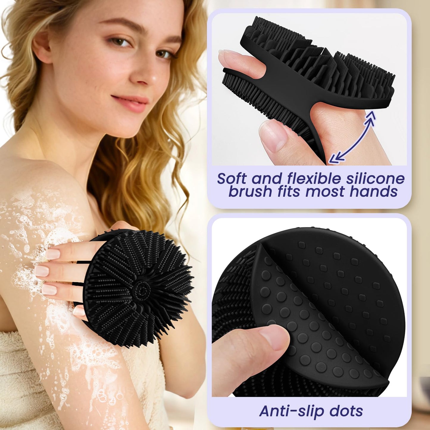Manmihealth Dual-Sided Silicone Body Scrubber for Shower 2 PCS, 2-in-1 Silicone Shower Scrubber Brush for Men and Women, Soft Silicone Loofah Body Buffer, Lather Well, Gentle Exfoliating (Black+Pink)