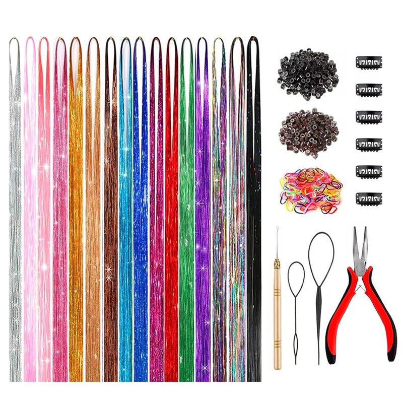 GTTUKK Hair Tinsel Kit (48 Inch,16 Colors,3200 strands), Tinsel Hair Extensions with Tools，Heat Resistant Fairy Hair Tinsel Kit for Women Girls Hair Accessories