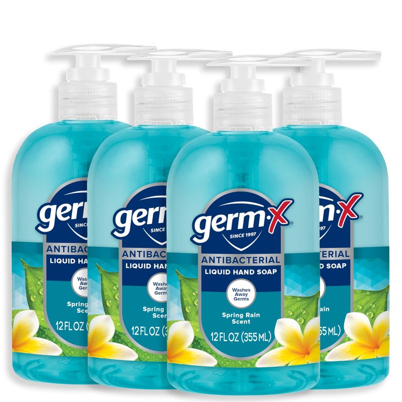 Germ-X Antibacterial Hand Soap, 12 Oz (Pack 4), Moisturizing Liquid Hand Wash for Kitchen or Bathroom, pH Balanced & Dermatologist Tested, Spring Rain Scent, Pump Bottle