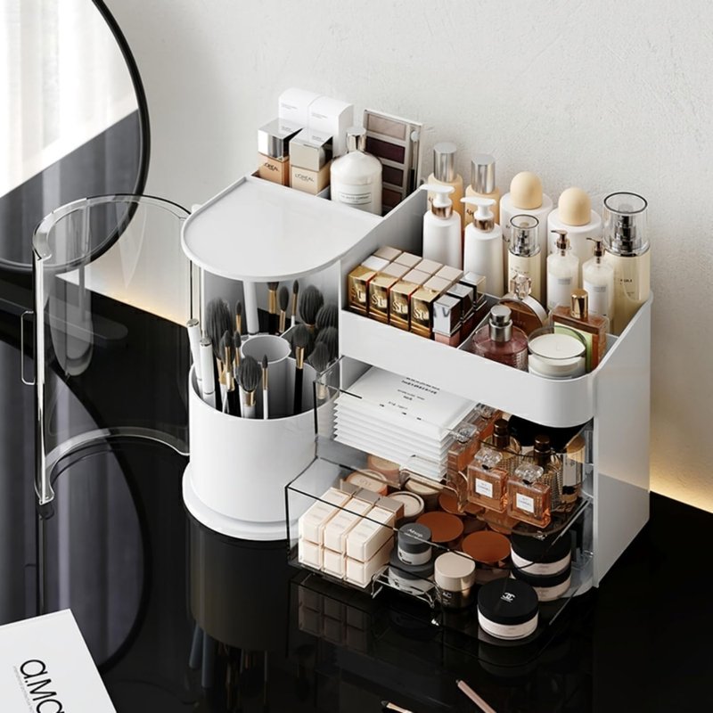 FYABREEK Makeup Organizer 14" D x 8.3" W x 9" H Cosmetic Organizer with Drawers Countertop Skincare Organizer for Vanity Cosmetic Display Case Storage Rotating Brush Holder (White)