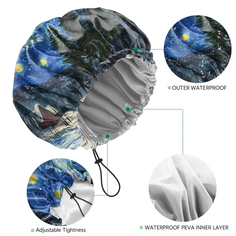 BHAHB 2 PCS Shower Cap Waterproof Double Layer Elastic Adjustable Reusable Hair Bath Caps for Girls Women Cute Aesthetic-Blue White