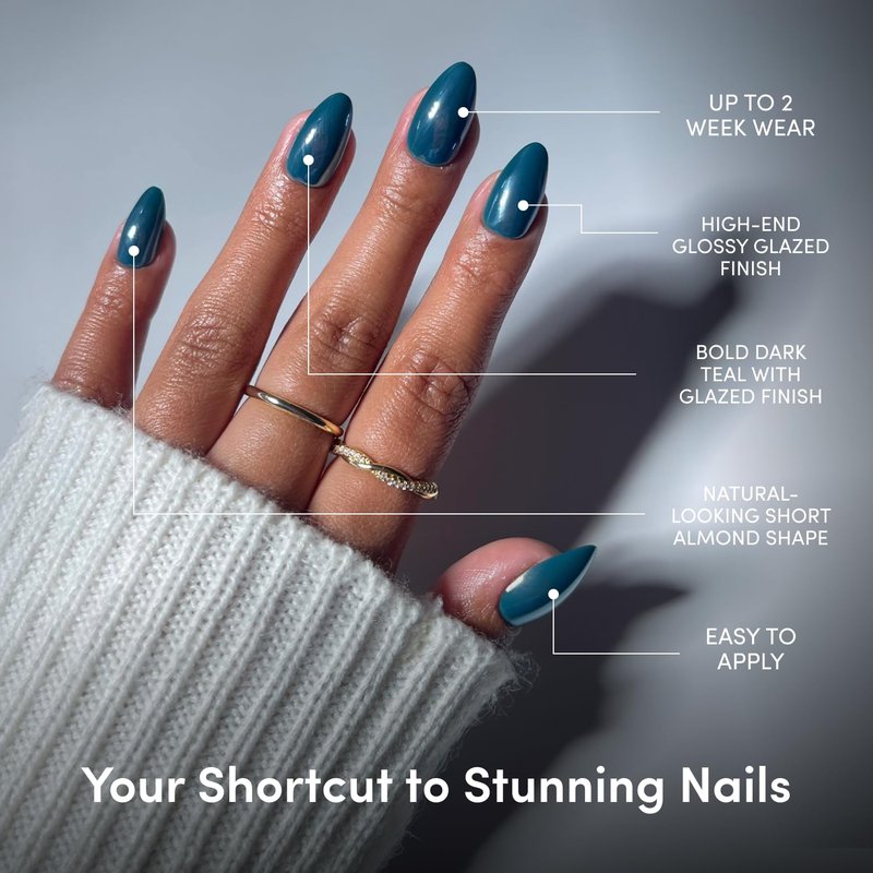 Glamnetic Press On Nails - Green Short Almond Fake Nails with Reflective Glaze Finish | Salon Quality Summer Nails | Midnight Teal |15 Sizes - 30 Nail Kit with Glue