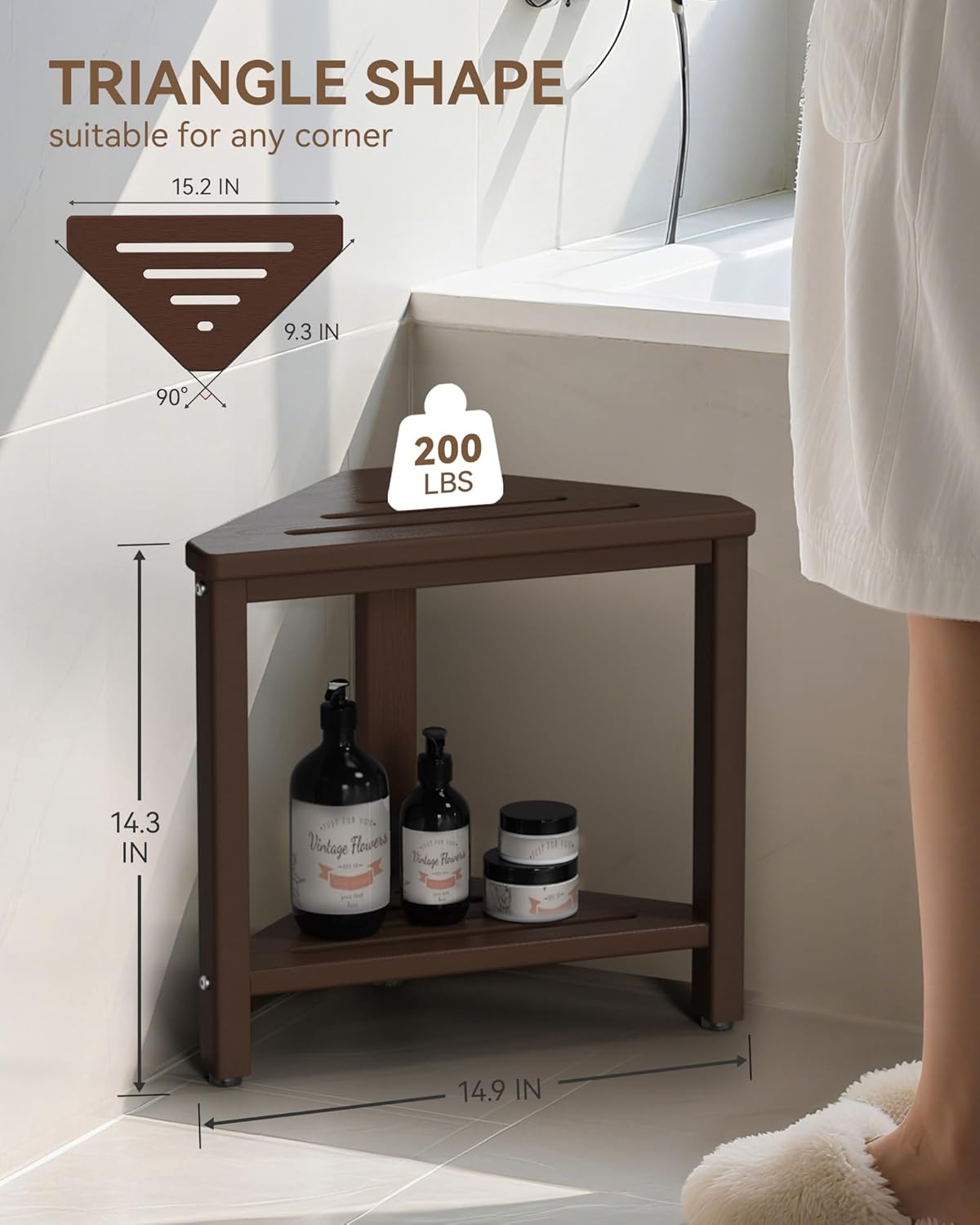 Skiennix Shower Foot Rest - 15-Inch Waterproof Shower Stool with Storage Shelf | Brown Corner Bench