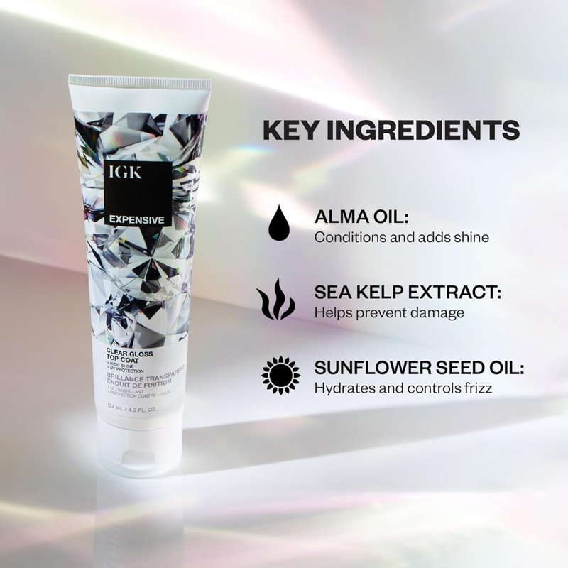 IGK EXPENSIVE Clear Gloss Top Coat | High Shine Gloss Treatment for Soft, Smooth Glass Hair | Revives Color-Treated Hair and Helps Control Frizz | 4.2 Oz