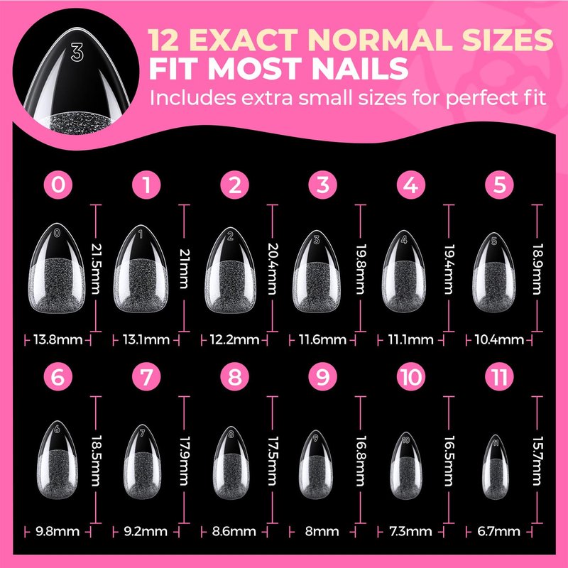 Short Almond Nail Tips - 504PCS Soft Press-On Gel Nails | Pre-Shaped Full Cover Acrylic Gelly Tips in 12 Sizes