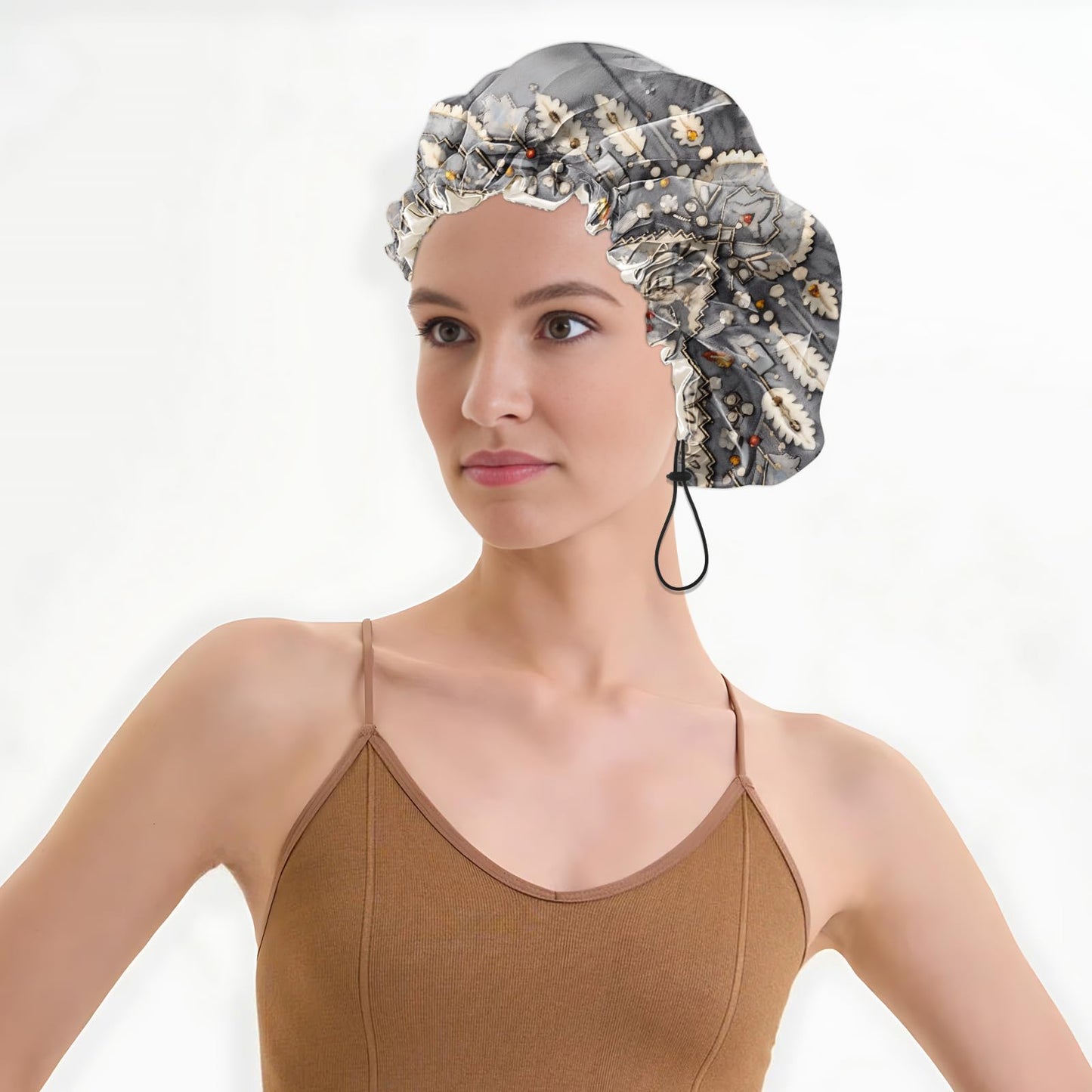 BHAHB Luxury Shower Cap Satin Lined Reusable Waterproof Double Layer Elastic Adjustable Hair Bath Cap Cute Aesthetic Women Girls-Boho