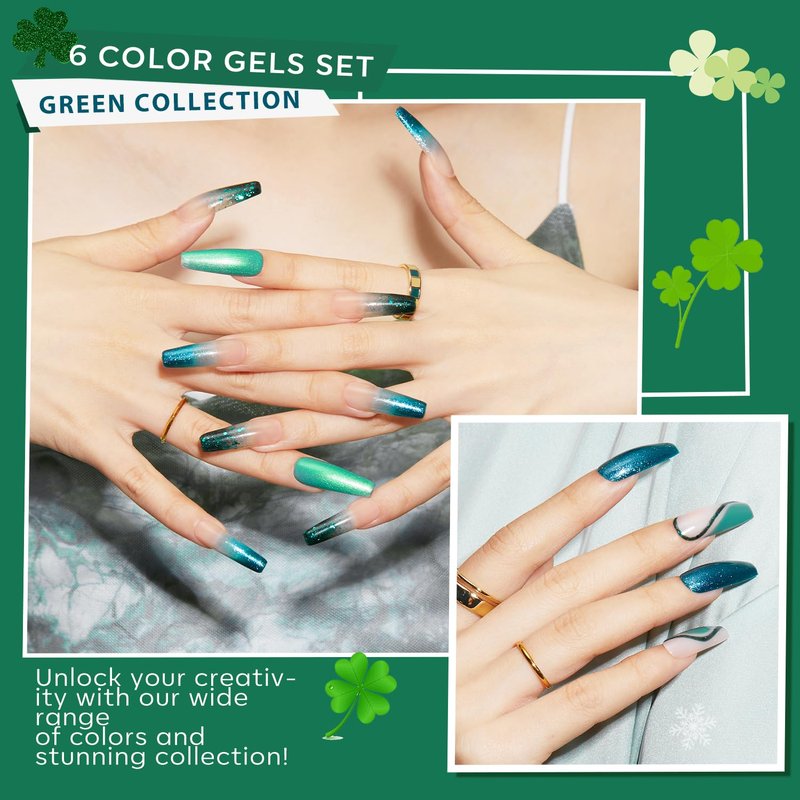 Ethereal Green Gel Nail Polish Set - 6 Colors for Spring/Summer | Mermaid Lagoon & Turquoise Glitter