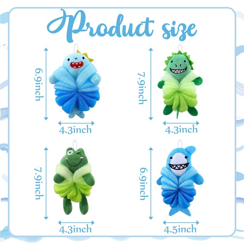 Tatuo 4 Pcs Animal Bath Loofahs Kids Body Loofah Cartoon Shower Cute Bath Sponge Pouf Body Scrubbers Mesh Sponge for Toddler Children Boys Girls Shower Baby Washing Exfoliating (Boys)