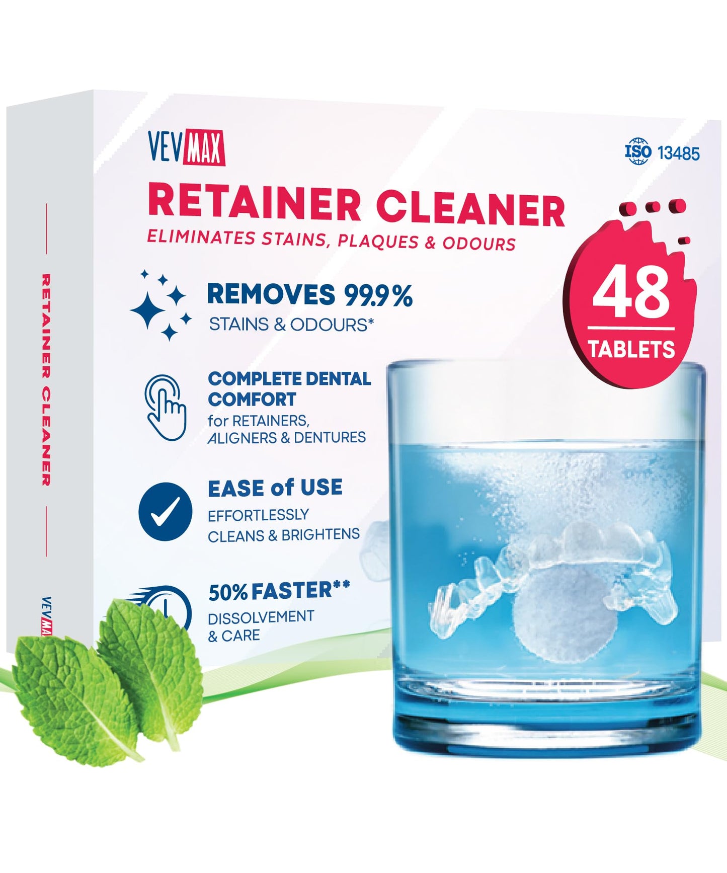 Vevmax Retainer Cleaner Tablets - 48 Tablets (1.5 Months Supply) - Denture Cleaning, Removes Stains & Odours, Freshens Aligners, Mouthguards, Nightguards - Perfect for Ultrasonic Retainer Cleaner