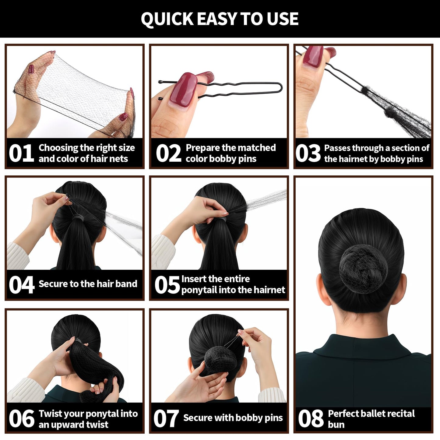 Teenitor Invisible Elastic Hair Nets with Bobby Pins for Ballerina Buns - 40 Black Nets (12, 20, 28 Inch) and 80 Pins