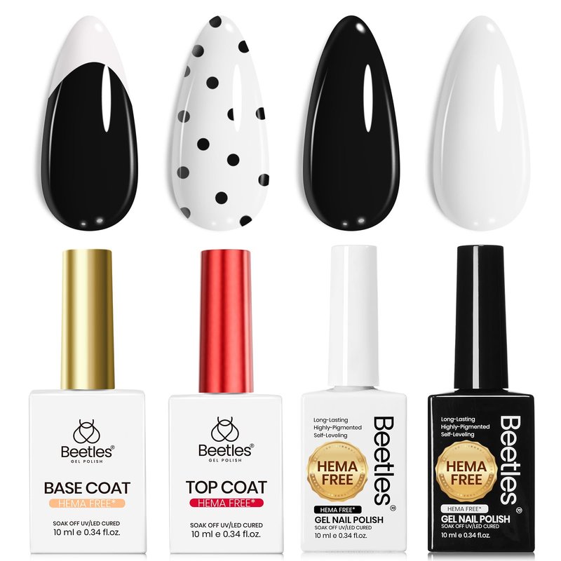 Beetles Black White Gel Polish - Twin Dialogue Collection, 4pc 10ML French Nails HEMA-FREE Black and White Colors with Base Top Coat Uv LED Lamp Salon DIY at Home Nails