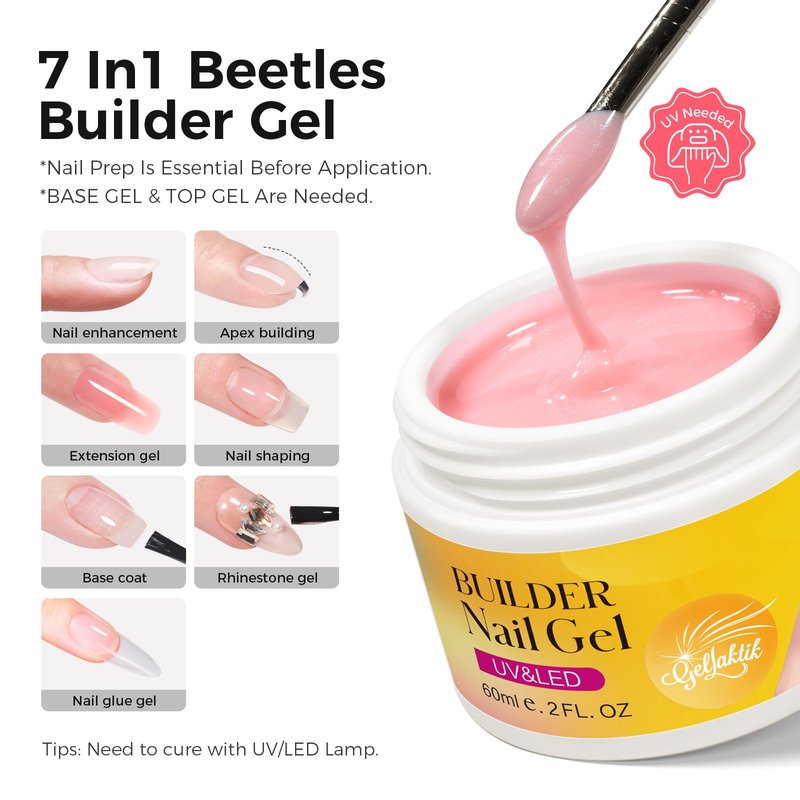 GELLAKTIK Builder Gel for Nails, 60g Glitter Pink Hard Gel for Nail Extension with 10 Nail Forms, Strengthener & Thickening, UV LED Lamp Cured Sculpture, Repair Broken Nails, Salon DIY Manicure Kit