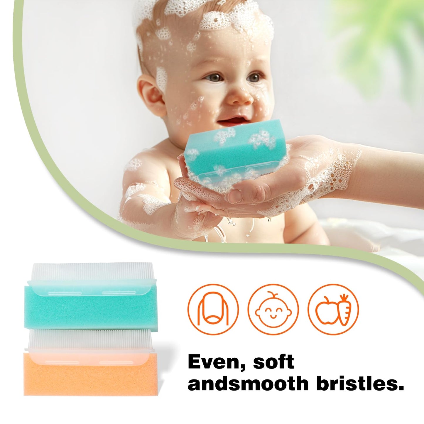 2PCS Cradle Cap Brush, Baby Bath Sponge - 2-in-1 Brush & Sponge for Scalp Treatment, Sensory Therapy, and Bath Time Care