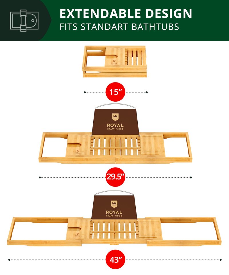 ROYAL CRAFT WOOD Premium Foldable Bathtub Tray Caddy - Wood Bath Tray for Tub, Bamboo Shelf, Expandable Bath Table Trays, Bathtub & Bathroom Accessories for New Home & Mothers, Birthday Gifts for Mom