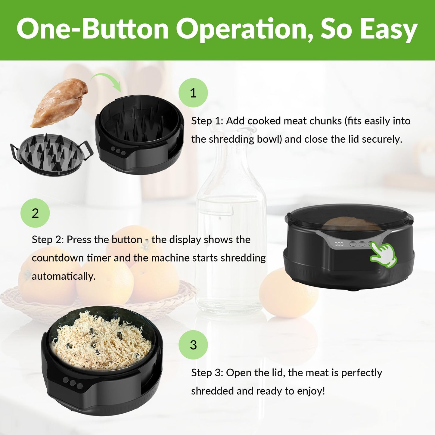 Electric Chicken Shredder, Rechargeable Automatic Meat Breast Shredder Tool Twist, Kitchen Grinder Machine with 3 Timer Modes, BPA Free for Pork, Beef, Chicken, Salads, Pet Food, Dishwasher Safe