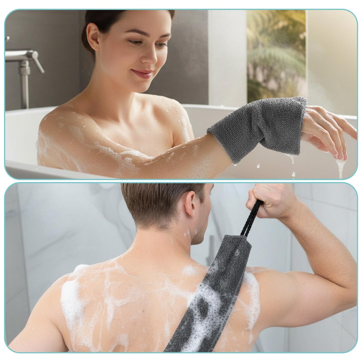 JJUNW 2 Pcs Double Back Exfoliator Body Towel Scrubber, Nylon Exfoliating Back Scrubber with Handles Body Bath Pull Strap Stretchable Cleans Skin Massages Invigorating Blood Circulation for Men Women