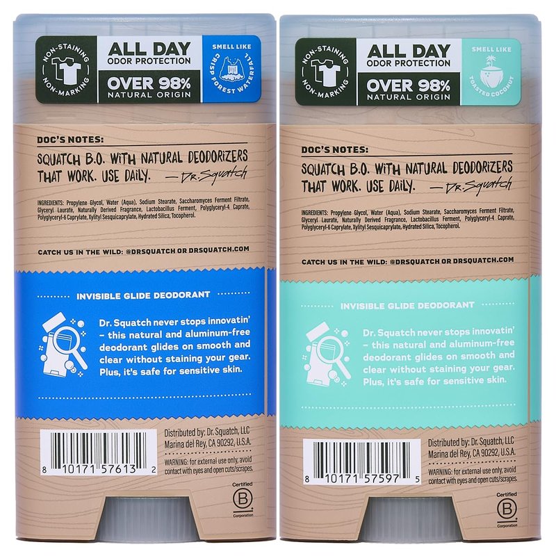 Dr. Squatch Invisible Glide Natural Men’s Deodorant – Smooth Glide, No Stains – Aluminum Free Deodorant Men – Safe for Sensitive Skin – Fresh Falls + Coconut Castaway, 2.65oz (2-Pack)