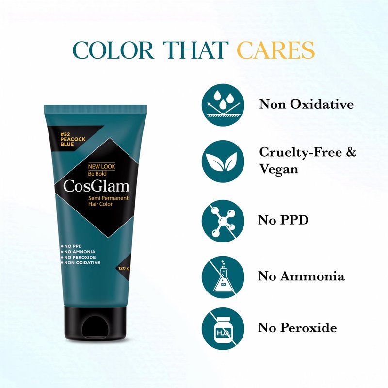 Cosglam Semi Permanent Hair Color for Women & Men, (120g, #52 Peacock Blue) Enriched with Conditioner, Glossy Finish, No Ammonia, No Peroxide & Non Oxidative, Vegan Highlights Colorful Hair Dye