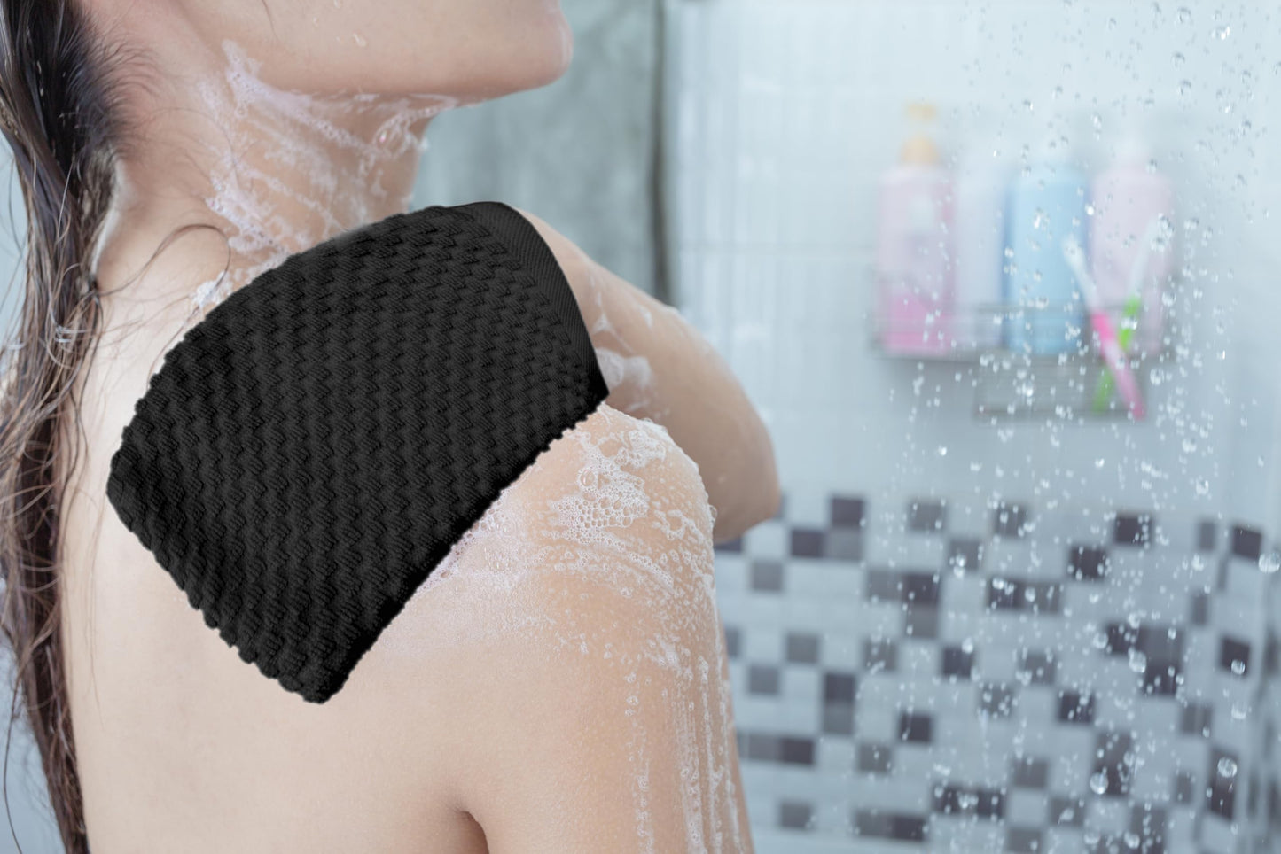 COTTON CRAFT Bath Mitt - Exfoliating Glove - Set of 6 Euro Spa Waffle Weave Towel Mitts - 100% Cotton Body Shower Glove Washcloth with Hanging Loop - Sensitive Skin Friendly - Large 5.5x10 -Black