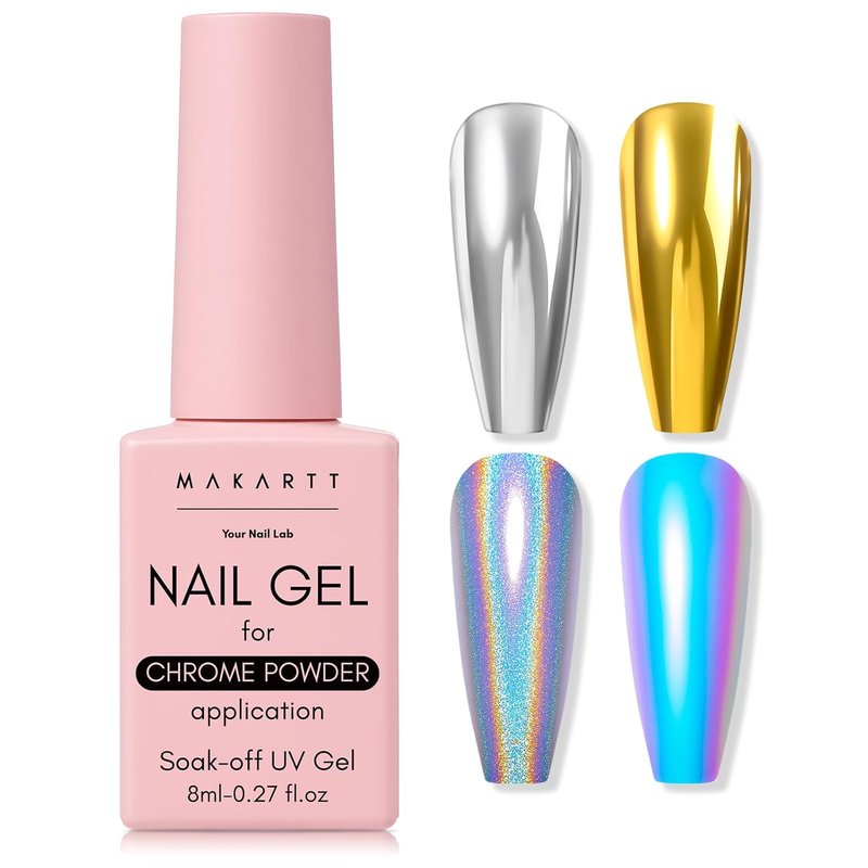 Makartt No Wipe Gel Top Coat - Clear High Gloss Finish for Chrome Nails | 8ml Pink Bottle