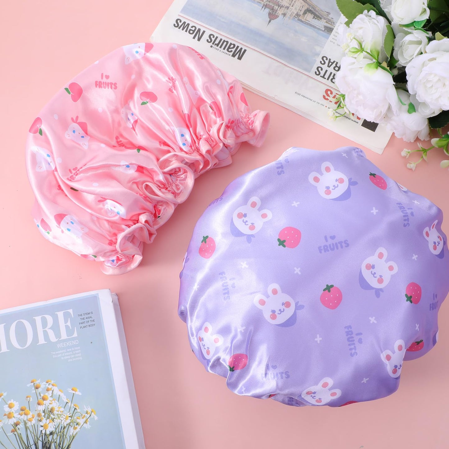Jeffdad Kids Shower Caps, 2 PCS Pink & Purple Waterproof Double Layers Shower Caps Cute Bonnets Elastic Band Bonnet Satin and Eva Soft Kids Sleeping Cap Reusable Shower Cap