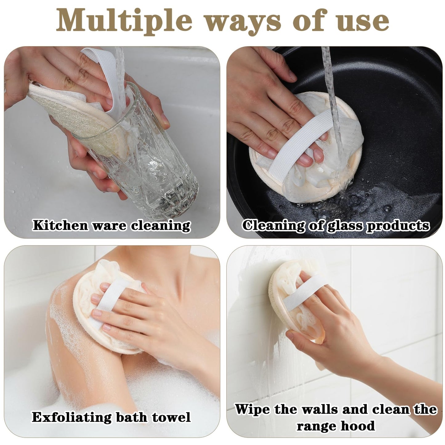 Nogeqi 2Pcs Natural Loofah Sponge with Strap, Natural Travel Loofah Gentle Exfoliating Round for Women Men Shower Bath
