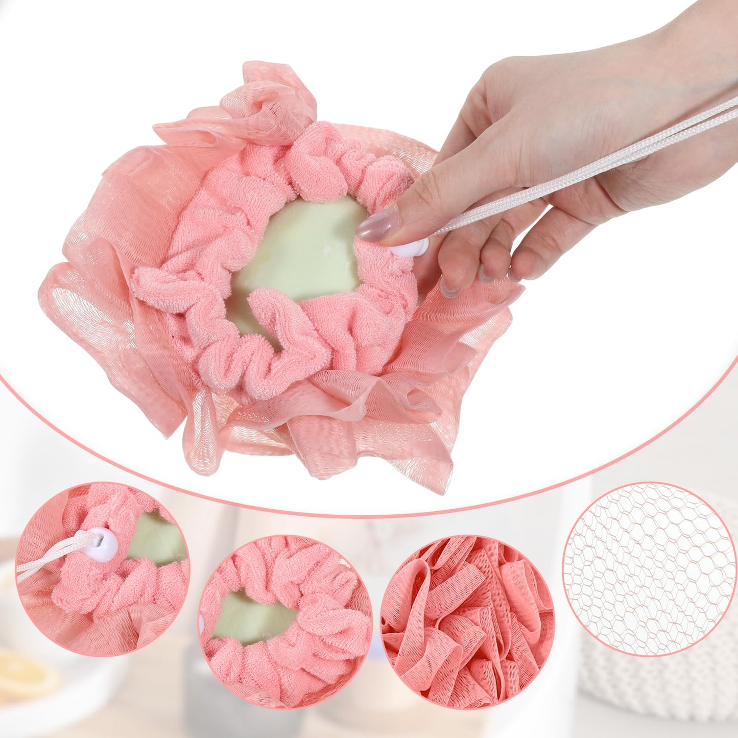 Qianyu 3 Pcs Loofah Soap Bar Loofah 2-in-1 Washcloth Combo Saver Pouch Reusable Exfoliating Shower Mesh Hold Drawstring Cleansing Puff Ball with Soap Pocket for Bathing Body Wash