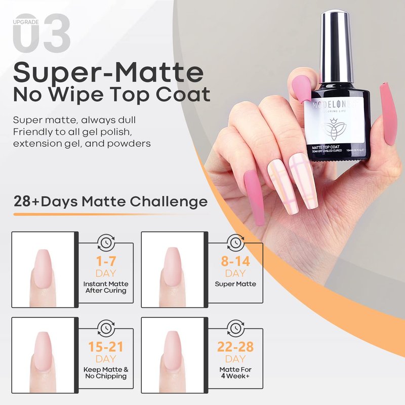 modelones Gel Base Top Coat Set 3 Pcs, Glossy and Chrome Proof Matte Top Coat No Wipe Shiny Clear Gel Polish Long Lasting High Gloss & Velvet Matte DIY Home Soak Off Manicure Gift for Women