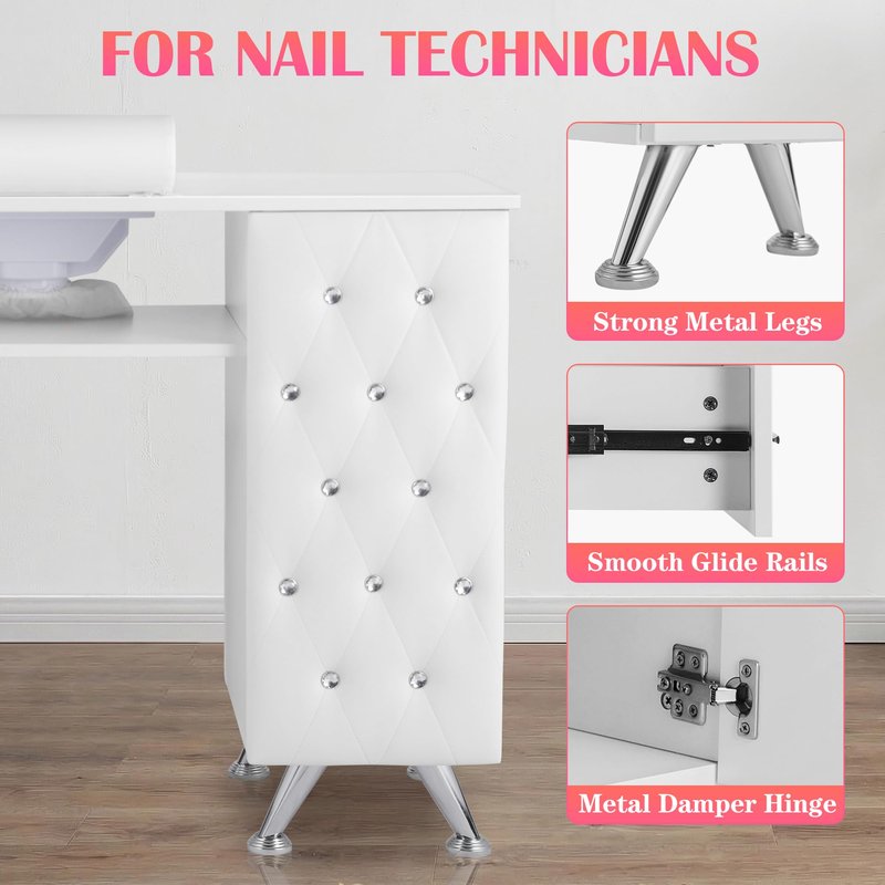 Hicomony Manicure Table Nail Desk with Storage, Professional Nail Tech Desk,with Upholstered Leather Cabinets, Crystal Tufted Modern Nail Salon Desk Table for Beauty Studio