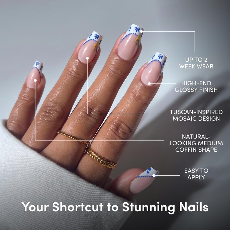 Glamnetic Press On Nails - Medium Coffin Fake Nails with Blue & White French Tips | Salon Quality Vacation Nails | Tuscan Twist | 15 Sizes - 30 Nail Kit with Glue
