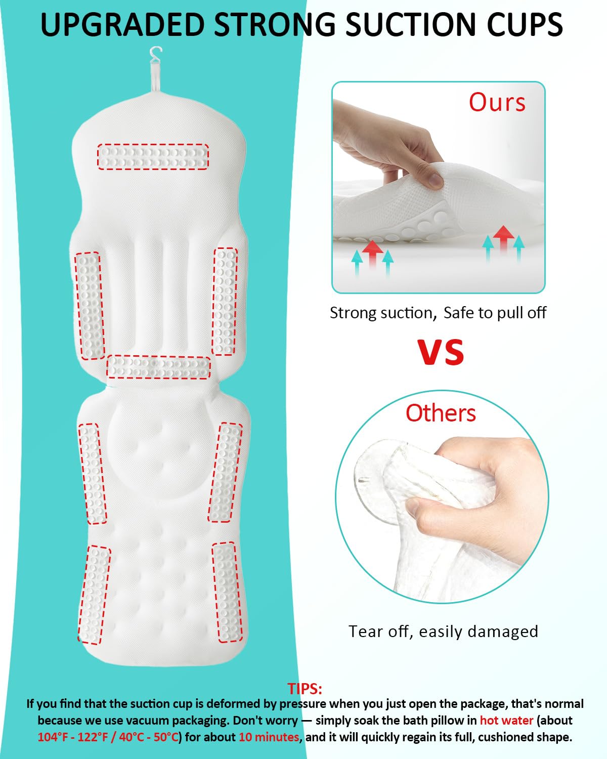 Full Body Bath Pillow for Bathtub, 5D Thick Tub Pillow for Bathtub with 192 Non-Slip Suction Cups, Laundry Bag & Hook, Bathtub Pillow for Head, Neck & Back Support (White, 51"*15")