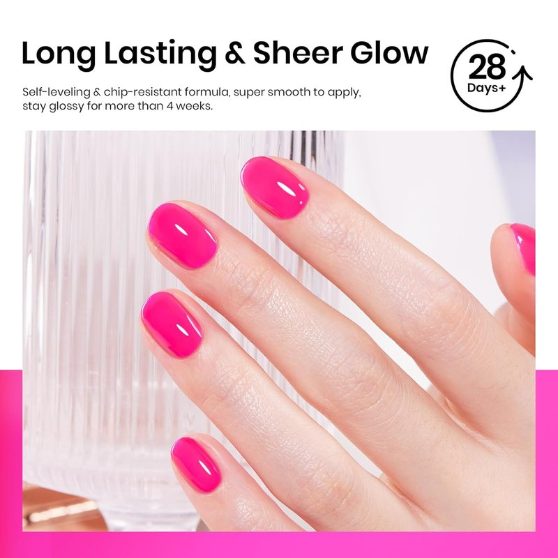 Hot Pink Gel Nail Polish - 15ML Neon Jelly Formula | Sheer Translucent Summer Color for Vibrant Manicures