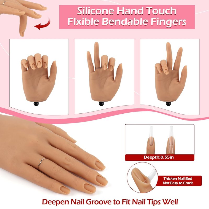 Acrylic Nail Practice Hand - Flexible Silicone Mannequin with Realistic Fingers | Ideal for Beginners