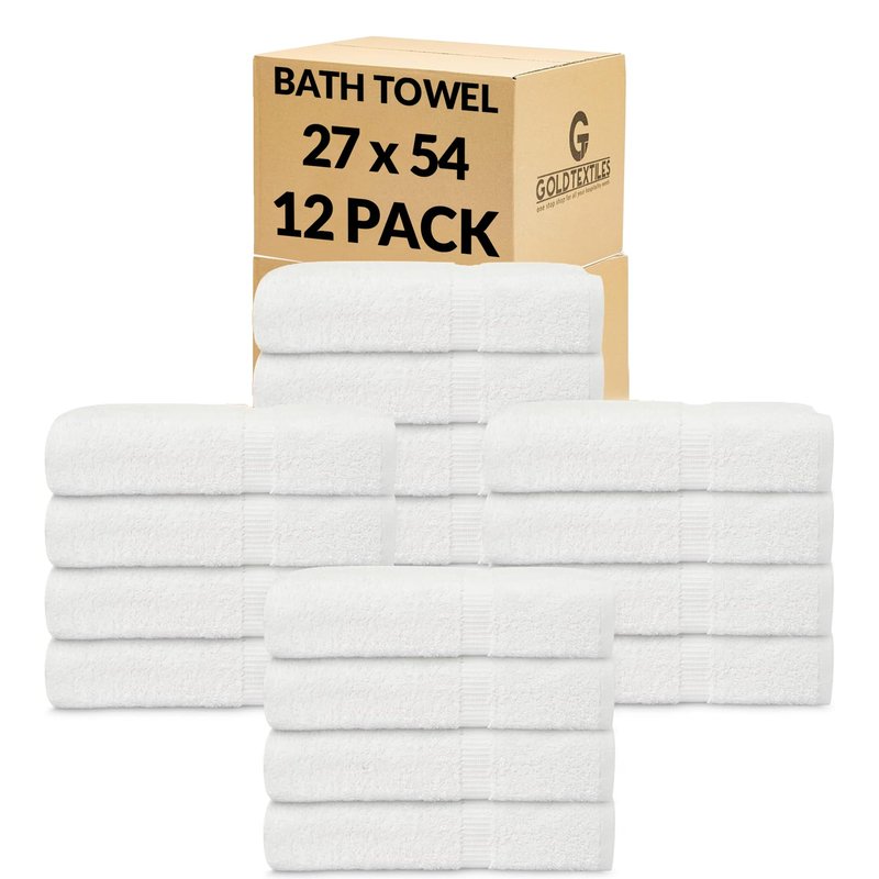 GOLD TEXTILES Premium Bath Towel Set (Pack of 12,27 x 54) 100% Ring-Spun Cotton Towels for Hotel, Spa, Soft and Absorbent (27 x 54, White - 12 Pcs)