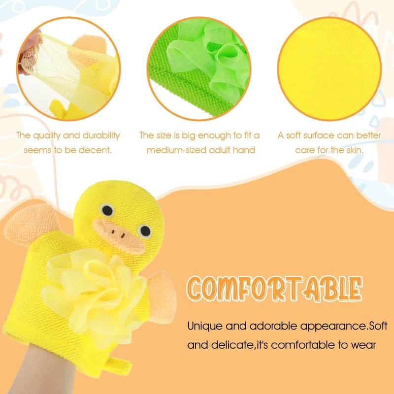 Qianyu 3pcs Bath Mitt Washcloth Glove Body Scrubber Cute Cartoon Design Exfoliating Glove Gentle Soft Scrub Loofah Bath Sponge for Kid Shower Washing Easy Lather (Blue/Green/Pink)