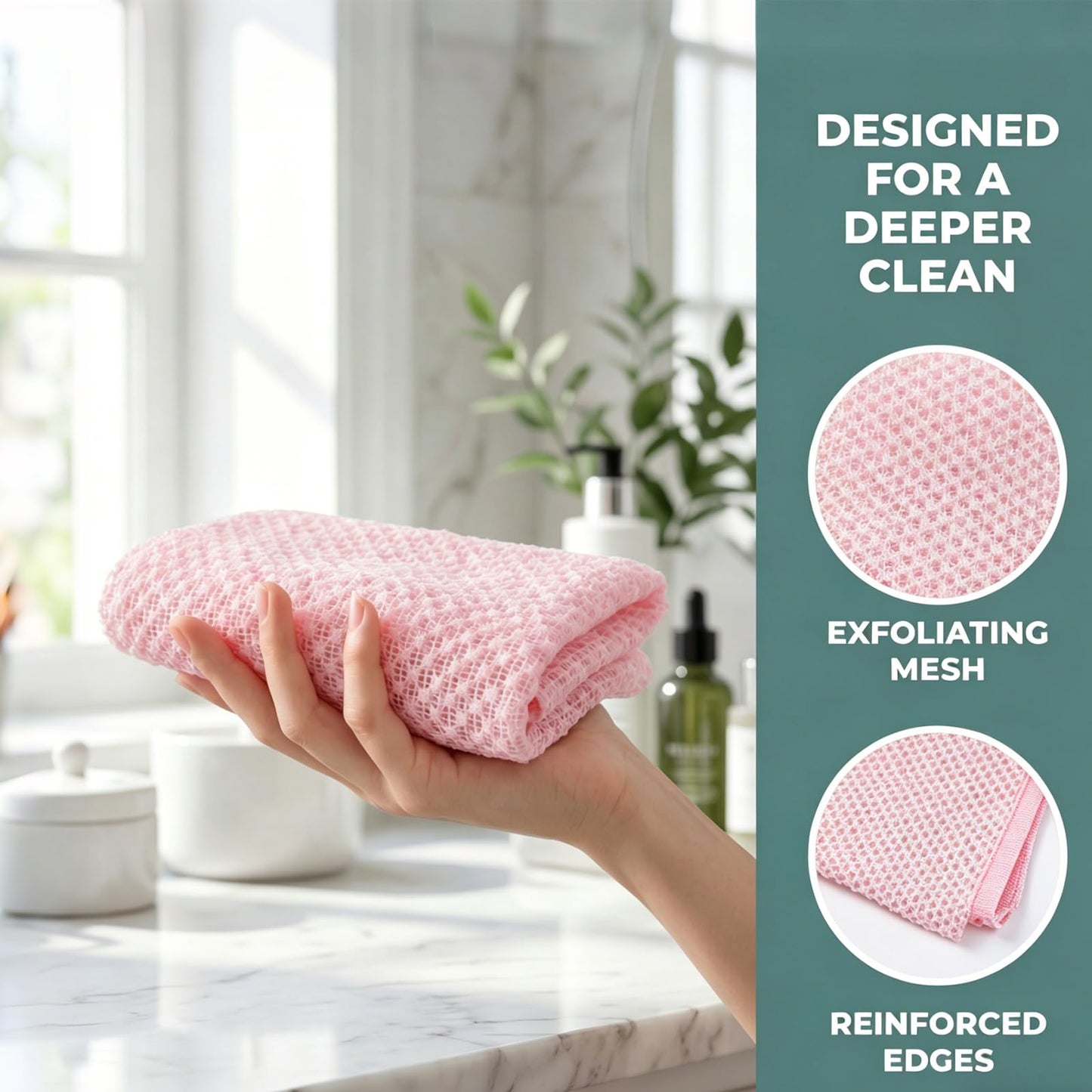 2 PC Alorin Silver Towel Exfoliating Shower Towel, Rip-Resistant Washcloth for All Skin Types, Pink and Black
