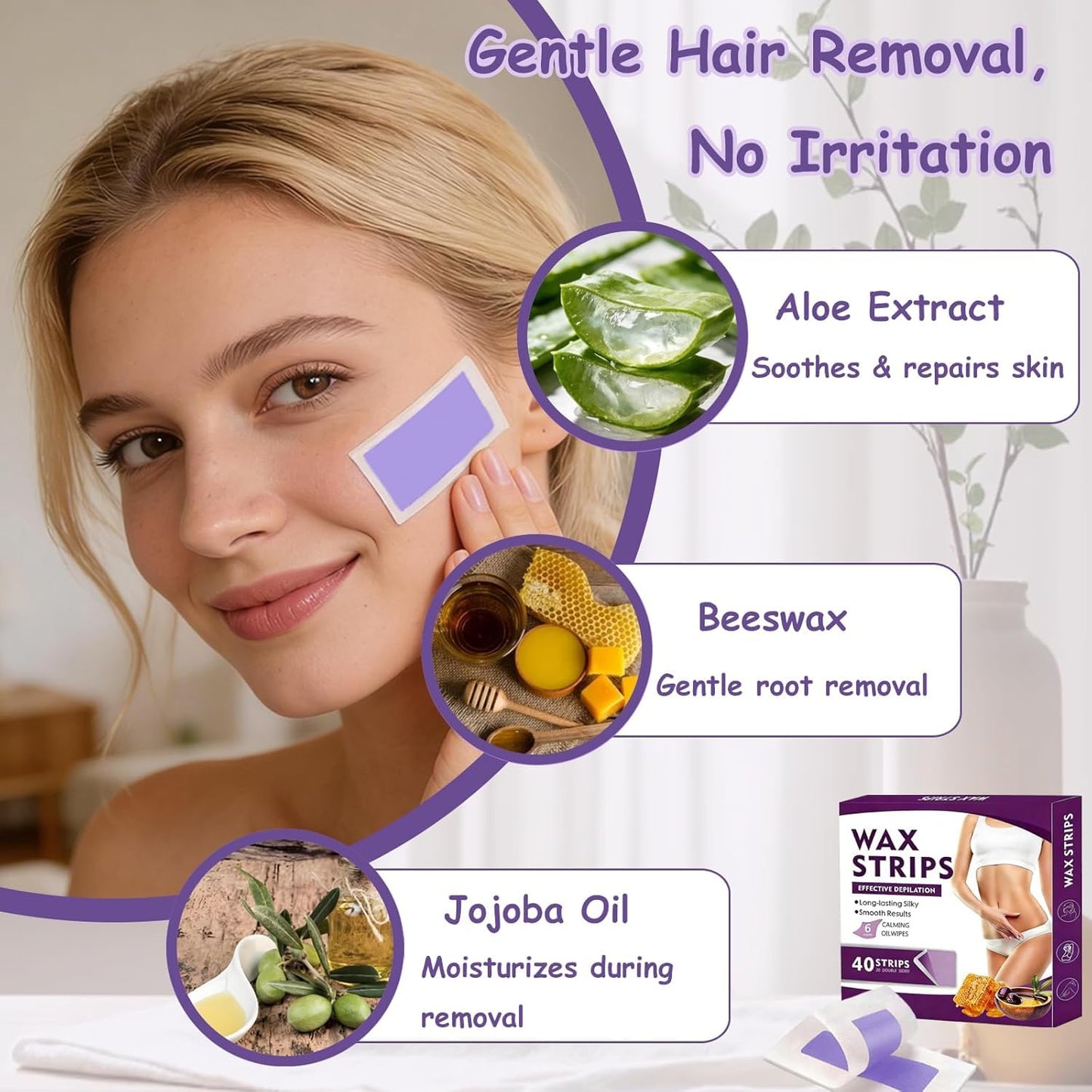 Wax Strips for Hair Removal,Waxing Strips for Women Sensitive All Skin,40 Face Wax Strips with 6 Soothing Wipes,Wax Strips for Face,Lips,Body,Chest,Legs,Bikini Line,Arms,Purple