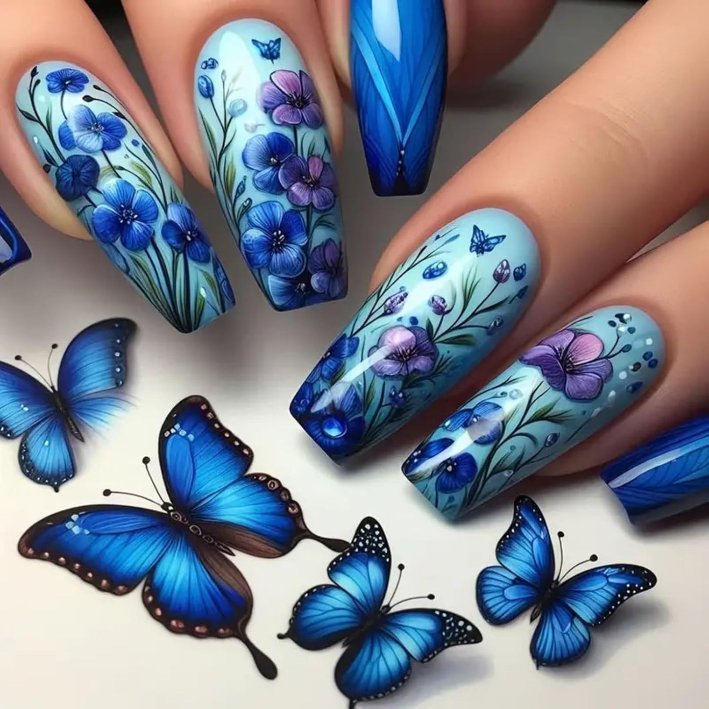 Skiennix Spring Press On Nails - Medium Coffin Shaped Floral Design | Reusable Blue Purple Flowers